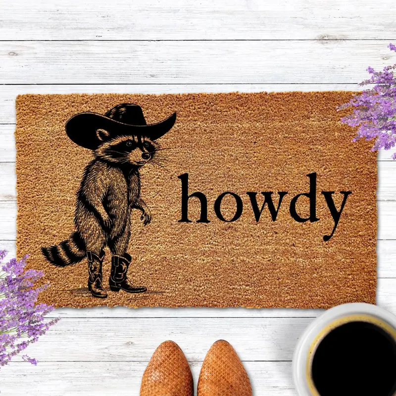Flannel FabricHowdy Racoon Cowboy Funny Doormat Western Decor Funny Coir Door Mat Welcome Mat Funny Housewarming gift Wedding Gift New Home Gift for Home flannel floor mat