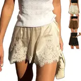 Buenoble Silky Lace Trim Shorts for Women Elegant Satin Lounge Shorts Fall Winter Chic OOTD