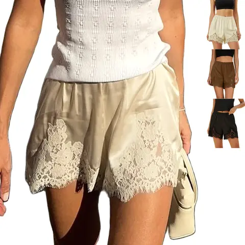 Buenoble Silky Lace Trim Shorts for Women Elegant Satin Lounge Shorts Fall Winter Chic OOTD