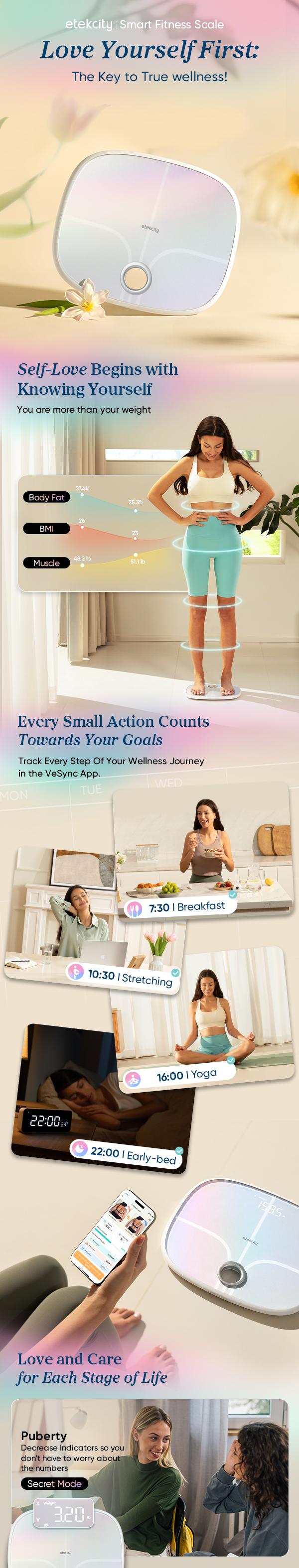 Etekcity Smart Scale, Digital Rechargeable Bathroom Weighing Monitor with BMI, Body Fat, Body Composition Analyzer, Bluetooth to App, Health Tracker Healthcare Baby, ESF-661