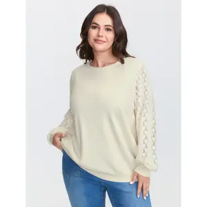【All-Day Comfort】Bloomchic Lace Contrast Sleeve Ribbed Sweatshirt Fit Fabric Swimweek,Spotlight,Summer wins,Deals for you days