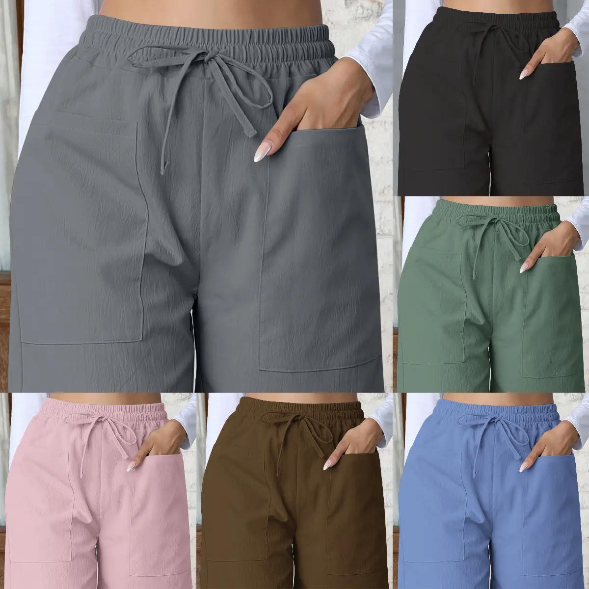 Summer Loose And Casual Versatile Shorts With Plain Color Pockets, High-Waisted And Wide-Leg Pants For Women