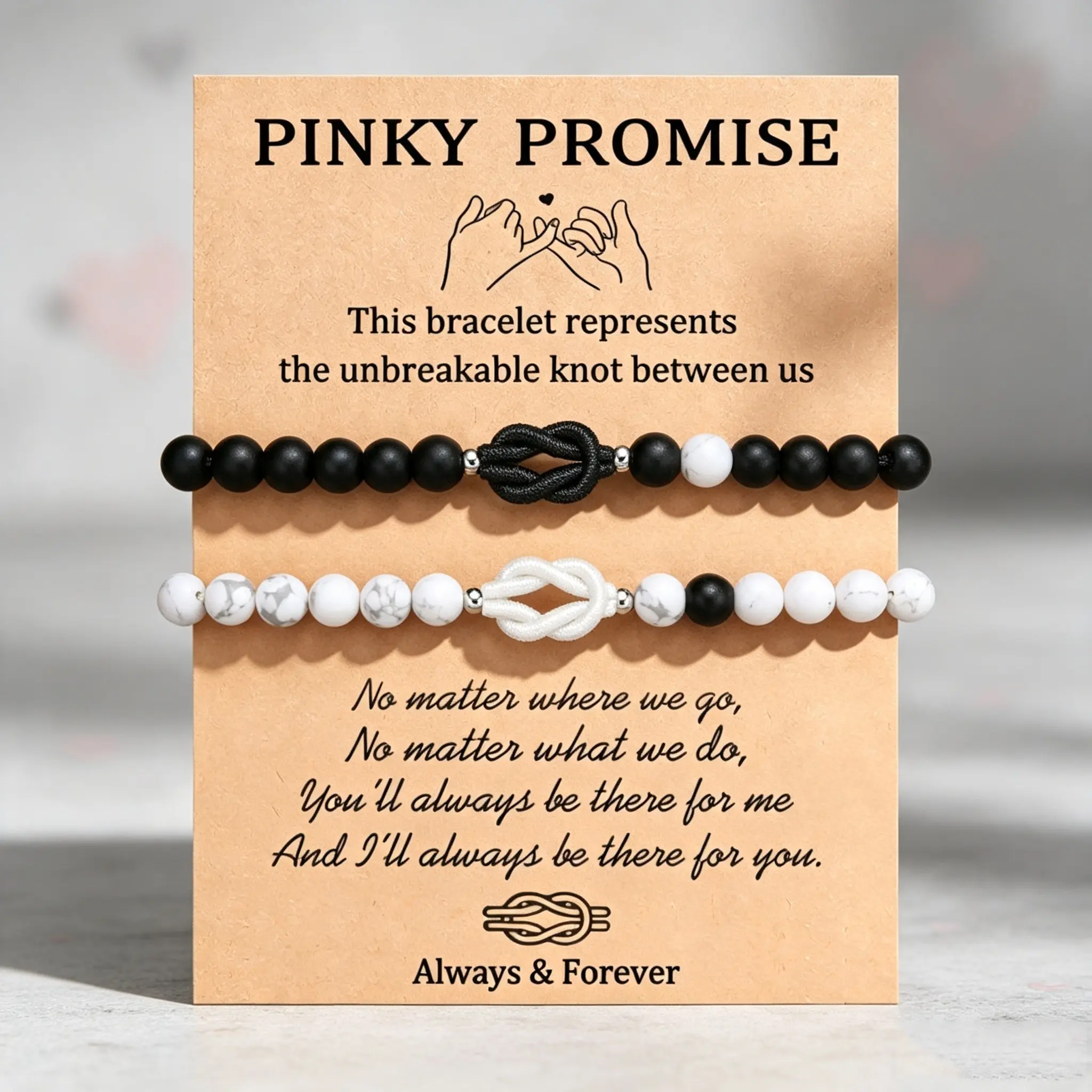 Unisex 2pcs White Howlite & Black Matte Onyx Pinky Promise Matching Sets Couple Bracelets - Unbreakable Lucky Love Knot Beaded, Casual Wear Long Distance Valentine Gift
