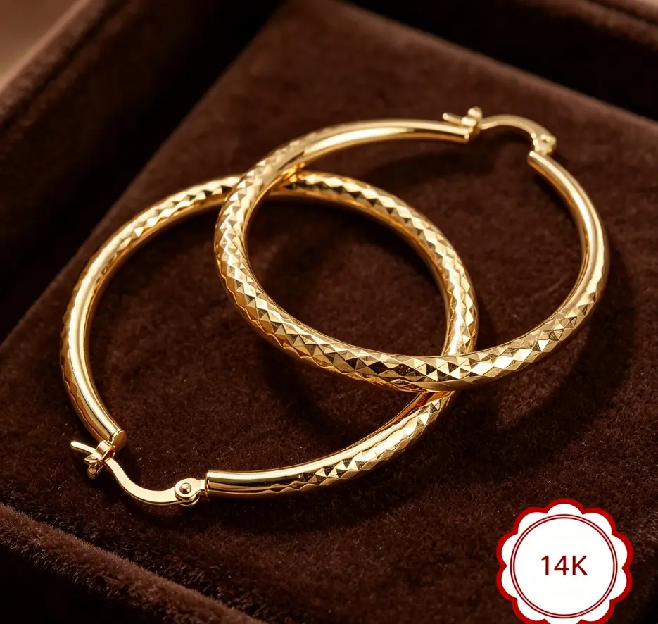 14K Gold Hoop Earrings for Women - Large 50mm (2 Inch) Sparkling Diamond-Cut Textured Hoops, Hypoallergenic for Sensitive Ears, Lightweight Comfortable Wear, Daily Waterproof & Fade Resistant, Secure Click-Top Closure, Perfect for Everyday Office Party