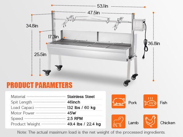 AMERLIFE Electric Rotisserie Grill Kit with Windscreen, 46" Height-Adjustable Charcoal Roaster, 132 Lbs Capacity, 45W Motor, Stainless Steel Spit with Lockable Wheels for Outdoor Camping Portable Bbqs Rotating