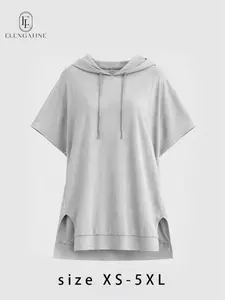 Women's Gray Baggy Hoodie Top - Lightweight Sweatshirt Fabric, Boxy Relaxed Silhouette with Short Dolman Sleeves, Longline Tunic Top with Side Slits, Perfect Athleisure Piece for Street Style, Festival Looks and Everyday Chill Fits
