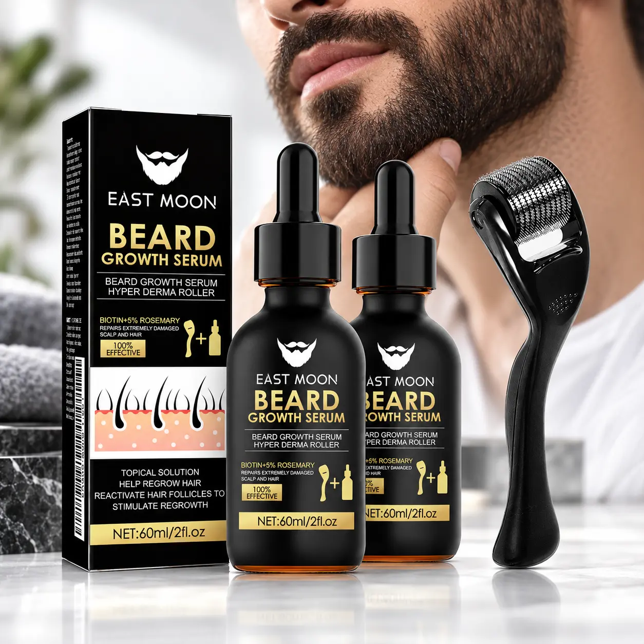 Buy 1 Get 1 Free Thickening Beard Growth Liquid & Micro-Needle Derma Roller Set (60ml) - Powerful Hair Care Nutritional Oil to Stimulate Follicles & Enhance Thickness - Fast Absorbing Daily Application Men's Beard Care Tools