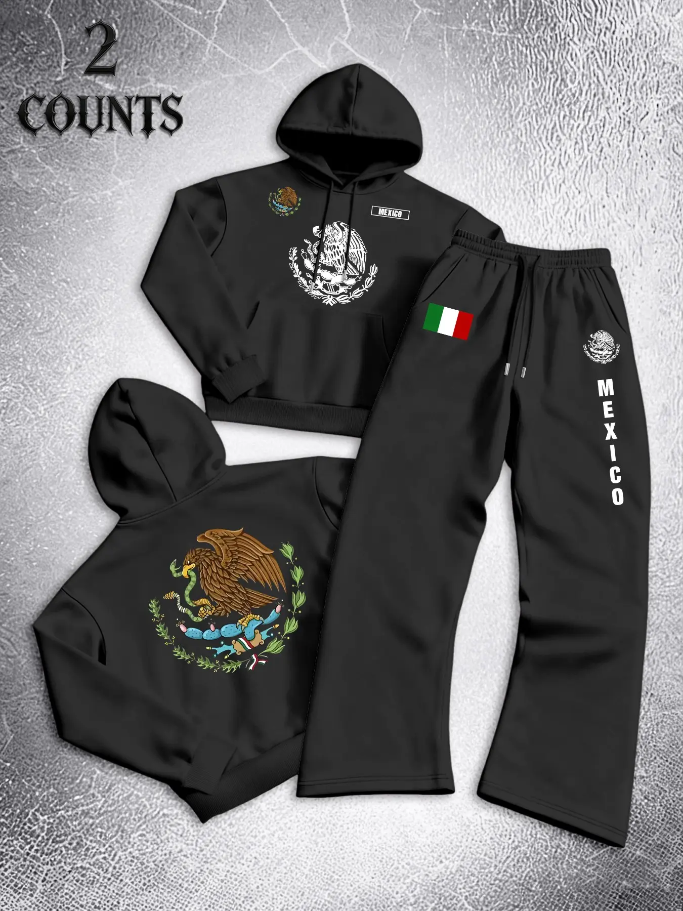 Men's Mexican Eagle Snake Print Hoodie & Track Pants Set, Loose Fit Long Sleeve Sweatshirt and Drawstring Straight Leg Pants, Casual Fall & Winter Wear Outfit
