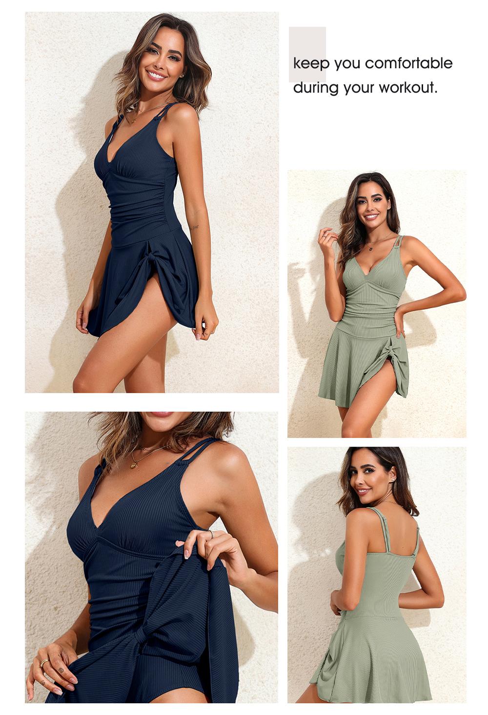 Aleumdr Ribbed One Piece Swimdress Swimsuits for Women Tie Knot Swim Skirt V Neck Bathing Suit Sport Swimming Clothing Beach Side Slits Summer Swimoutfit SpringStatements