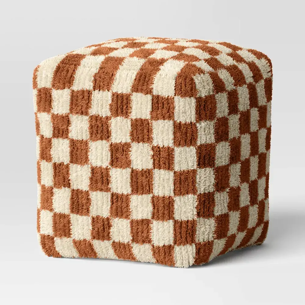 Threshold Checkerboard Ottoman - Mustard/Cream Wool Fabric Cube Shape Pre-Assembled Square Bench with Bead Filling