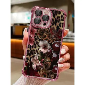 A leopard print cherry blossom phone case, featuring corner drop protection, a transparent soft anti-slip design, and camera protection. Made of durable silicone, it is for iPhone 17 Pro Max Phone Case 17 Air 16 E 15 Plus 14 13 12 11 X XS XR, Samsung