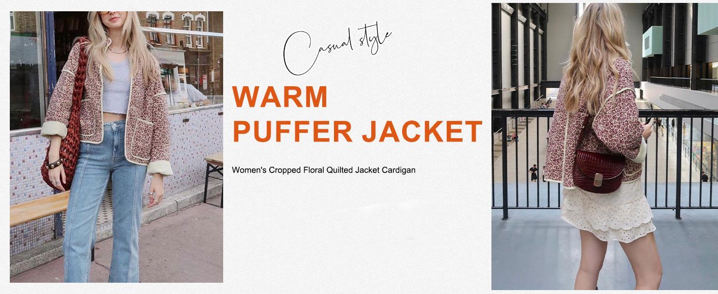 JovenPara Women's Cropped Floral Quilted Jacket Cardigan Printed Lightweight Open Front Padded Puffer Coat