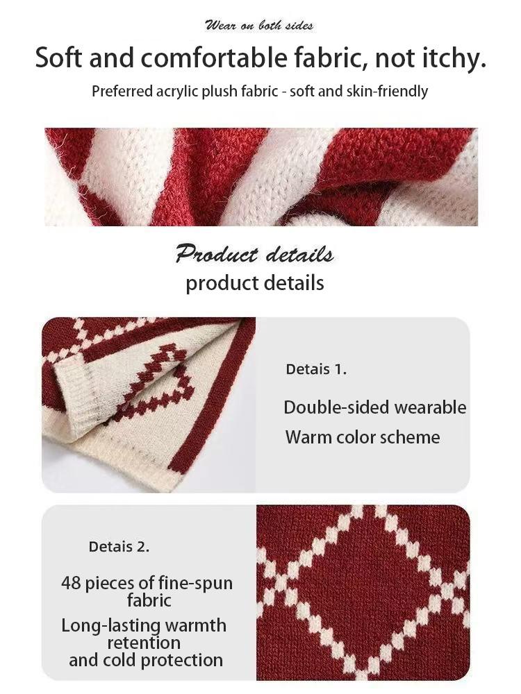【Best Christmas Gift】Cubidupi Double-Sided 48-Fine Wool Christmas Scarf Reversible Knit with Reindeer & Snowflake Patterns for Holiday Warmth