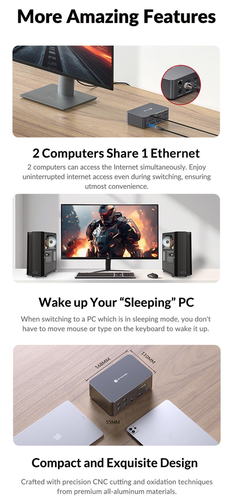 AV Access iDock D23 8K KVM Switch Docking Station for 2 Desktop PCs & 3 Monitors, DisplayPort 2.0, 1G Ethernet, 4K@165/144Hz for Gaming & Home Office (Desktop Only)