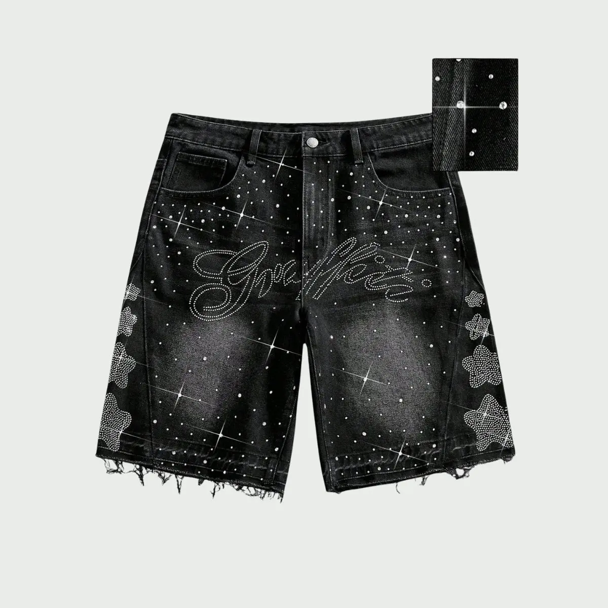 Men's Oversized Loose Fit Ease Denim Jean Shorts - Streetwear Clothing, Rhinestones Lettering, High-Street Straight Fit, Knee Length, Distressed Wash, Raw Hem, Black Baggy Male Bottoms, Casual