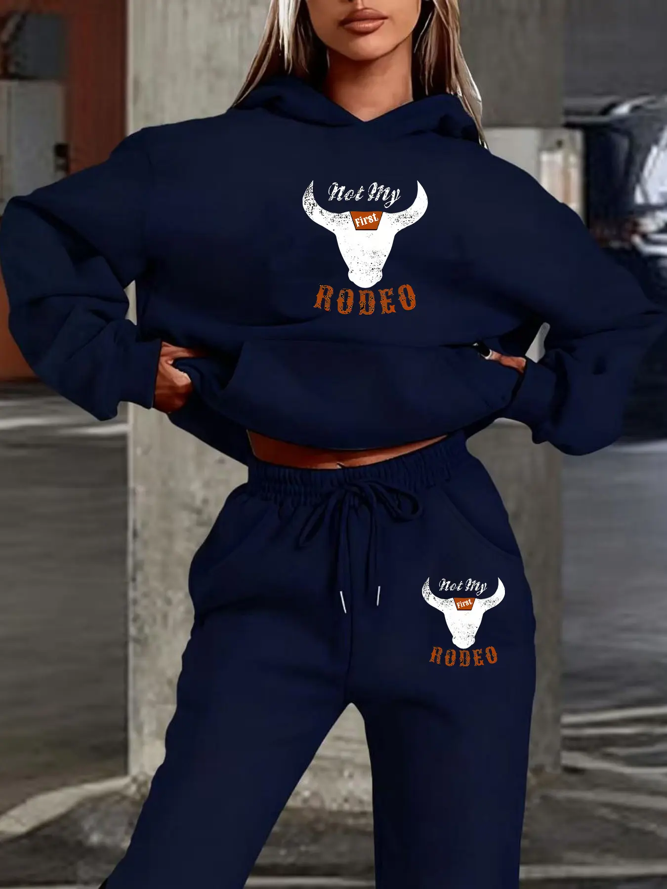 Women's Hooded Sweatshirt Long Sleeve Cuffed Streetwear Set, Fall & Winter Fleece Warm, Bull Head English Print, Western Retro Style, Fitted, Drawstring, Casual Daily Wear