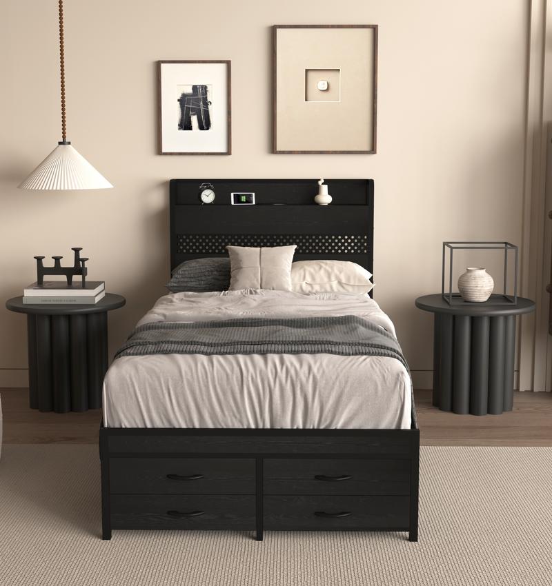 SMART BED FRAME ALERT! ️ Twin Size Bed Frame with Storage Drawers, RGB LED Lights & Charging Headboard – Platform Bed, No Box Spring Needed | Modern Bedroom Furniture for Teens, Kids, Adults | Space Saving, Black Metal Frame, Under Bed Storage & USB Ports