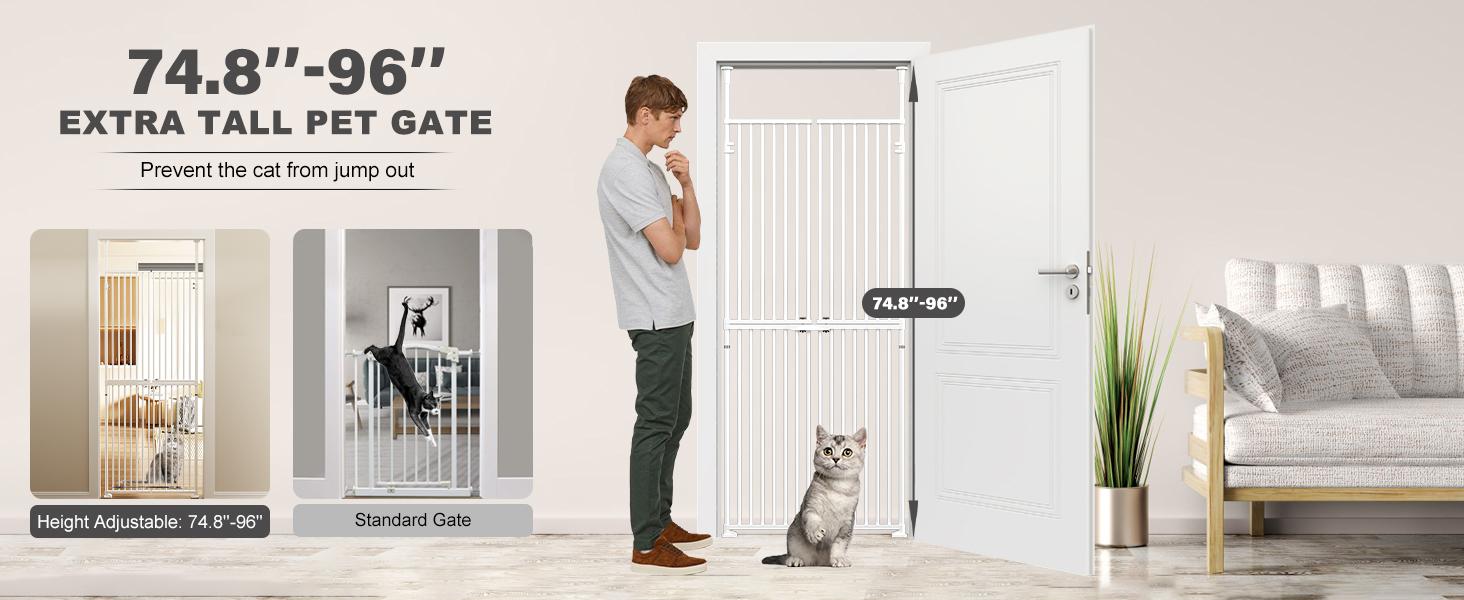 Lilypelle 74.8 Inch Extra Tall Cat Pet Gate, Adjustable 33.4-35.8 Inch Wide, No Drilling Pressure Mounted, Walk Through Swing Safety Gate for Pets, Double Door for Doorways, Stairs, Kitchen, House