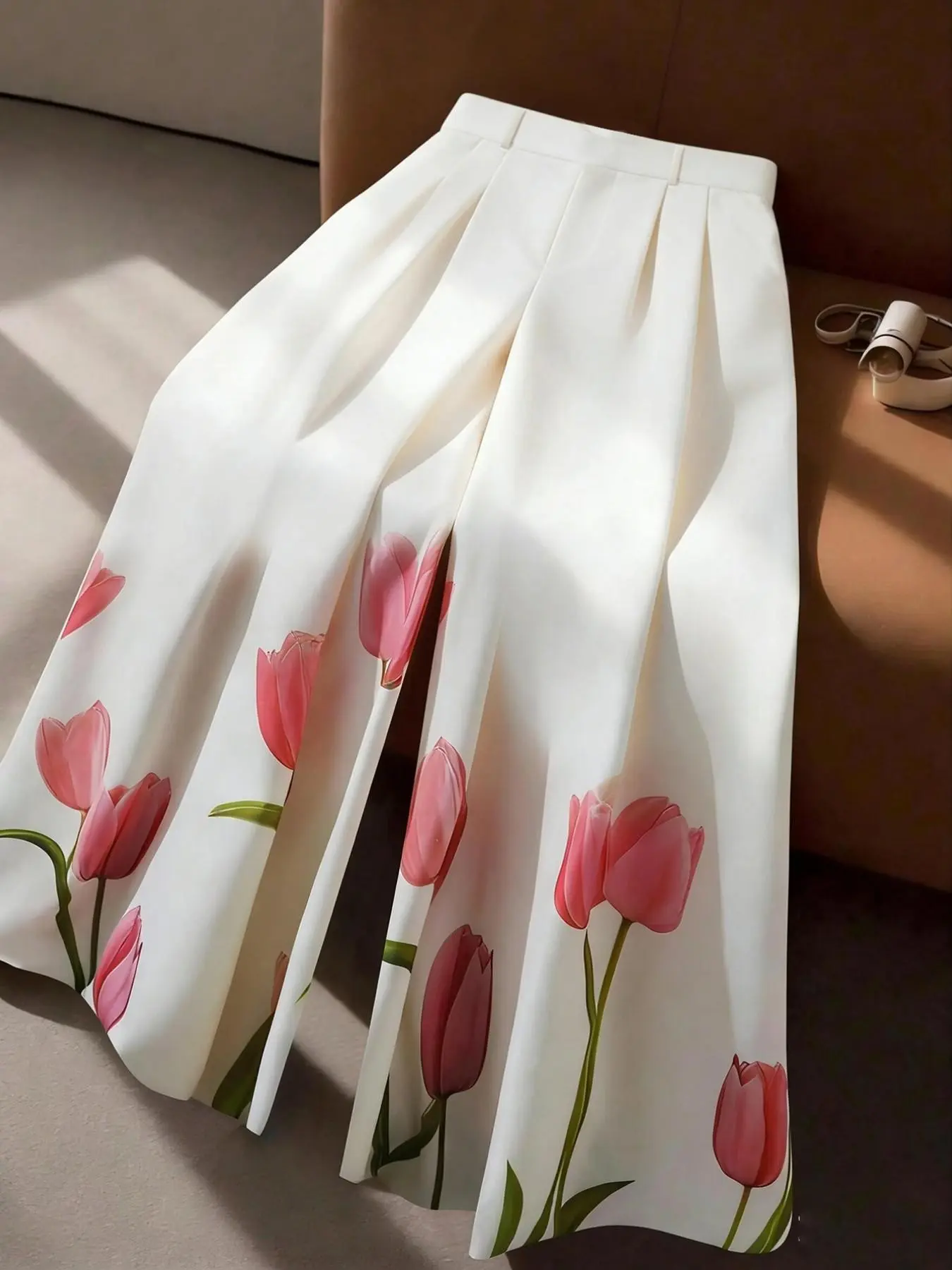 Four Seasons Fashion Casual Woven Long Pants for Women, Loose Straight Leg Elegant Slimming Trousers, 2026 New Tulip Digital Print High Waist Wide Leg Pants