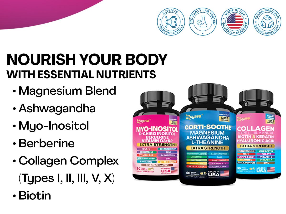 She Shines Set - Zoyava Ultimate Women's All-in-One Dietary Supplement with Corti-Soothe, Myo-Inositol, Collagen & Extra Strength Ingredients for Fitness & Healthcare - Made in USA
