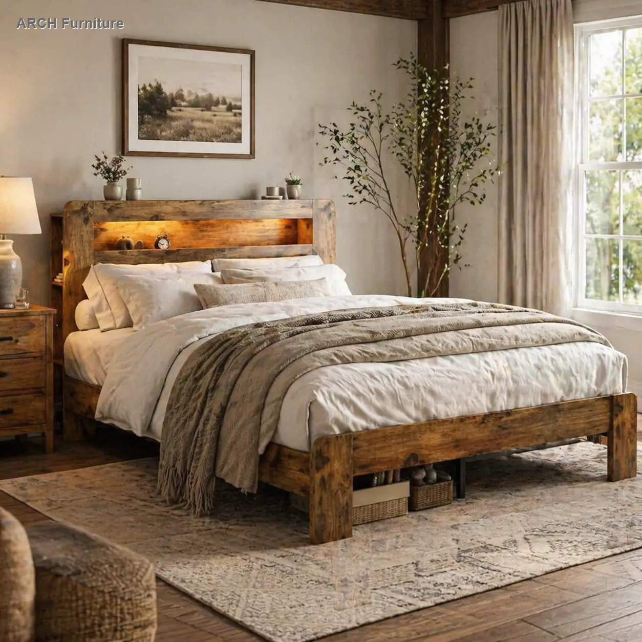 Queen Size Rustic Brown Farmhouse Wood-Finished Headboard Bed Frame with Storage Headboard, Bookshelf, LED Lighting, Sturdy Wooden Slats - Indoor Furniture, Illuminated Bed Frame, Headboard Bed Frames, Illuminated Bed Frames