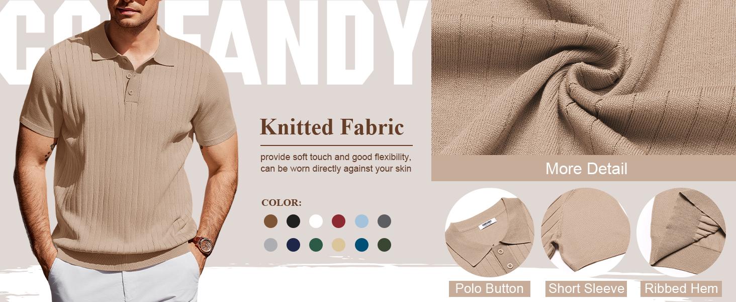 COOFANDY Men's Knit Polo Shirts Short Sleeve Ribbed Knitted Shirt Summer Lightweight Casual Golf Shirts