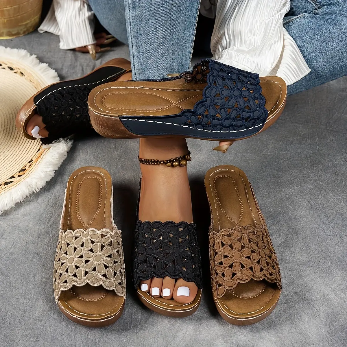 Women's Sandals with Aesthetic Floral Cutout Design, Comfy Open-Toe Slides, Lightweight Casual Daily Footwear for Going Out, Women Sandals, Sandals Women