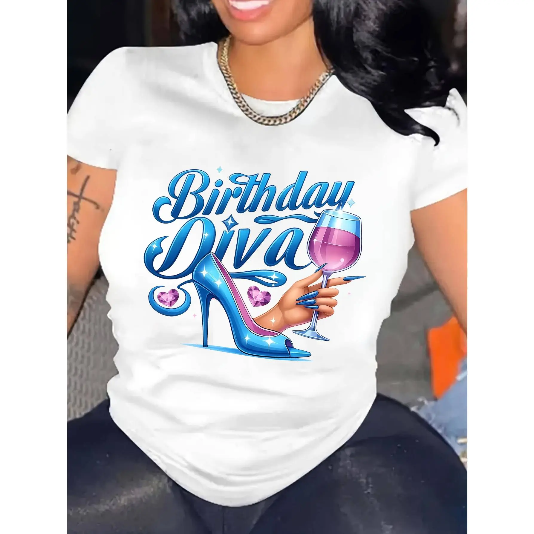 Women's Casual Short-Sleeve Cotton Blend Crew Neck T-Shirt - Wine Glass & High Heel Birthday Print, Machine Washable All-Season Party Top, Shortsleeve, Tshirt
