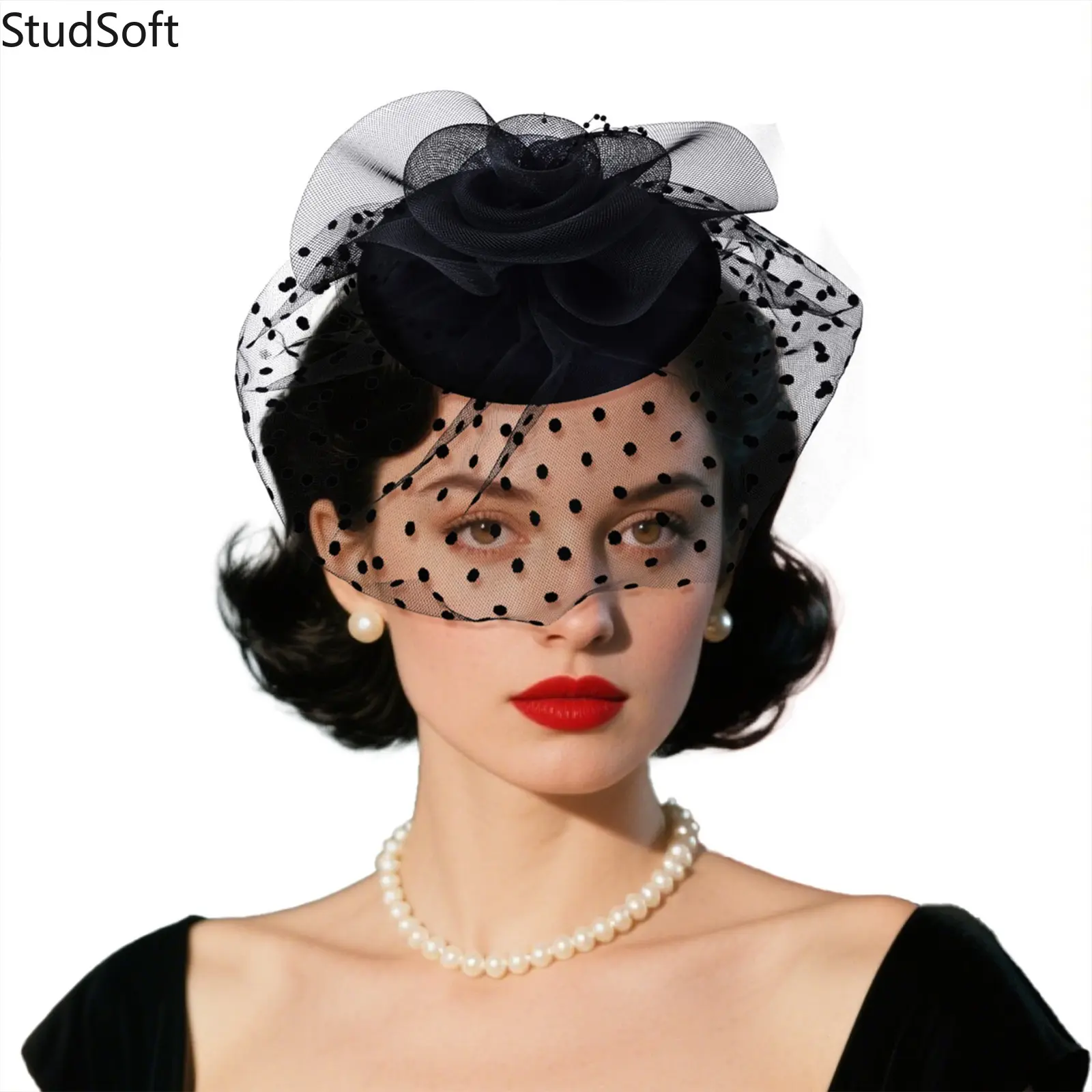 Black Polka Dot Fascinator Hat - Female Floral Mesh Flower Headpiece with Netting, Bridal Accessory for Tea Parties, Weddings, Bridal Accessories, Party, Costume Headpiece, Tea Party Cocktail,back to school,back to school haul