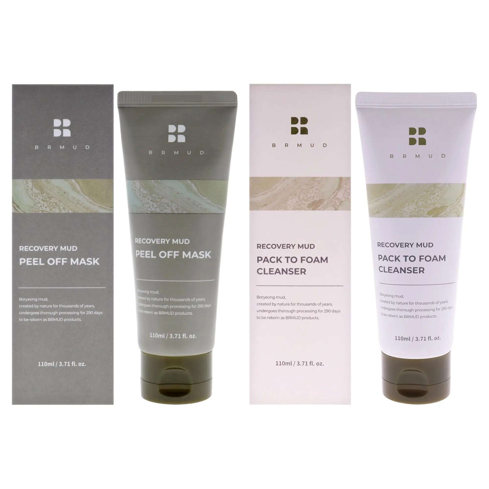 Brmud Unisex Daily Recovery Mud Kit - 2-Pc Set with 3.71oz Peel-Off Mask, 3.71oz Foaming Cleanser