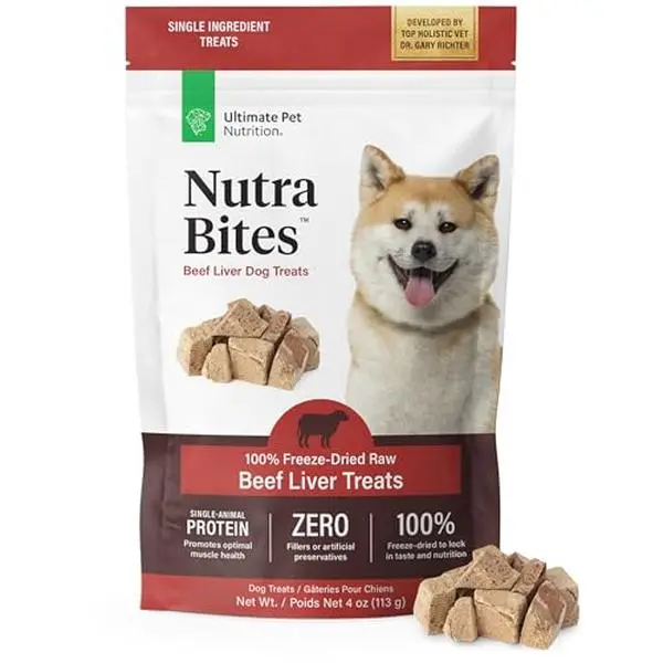 ULTIMATE PET NUTRITION Nutra Bites Freeze Dried Raw Single Ingredient Training Treats Food Topper for Dogs, 4 Ounces, Beef Liver