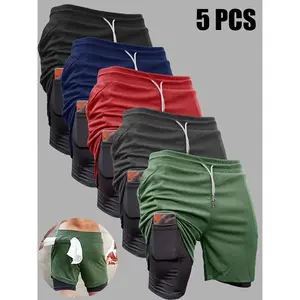 5pcs Men's 2-in-1 Double Layer Shorts With Inner Pocket, High Stretch Sports Shorts For Gym Workout Training