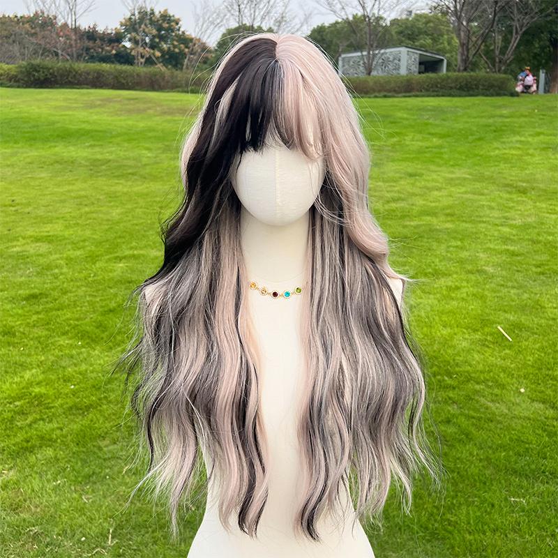 SMILCO/28Inch Highlight Black and Grayish-pink with Bangs Synthetic Hair For Halloween/Cosplay /SM391