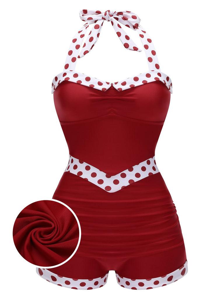 Retro Stage 1940S Wine Red & White Spliced One - Piece Swimsuit Ideal for Casual Travel, Sunbathing on the Beach, Beach Vacation Parties, and Swimming - Flaunt Fashionable Sexy Style in All Seaside Activities Swimwear Polka Dots Classic Vintage