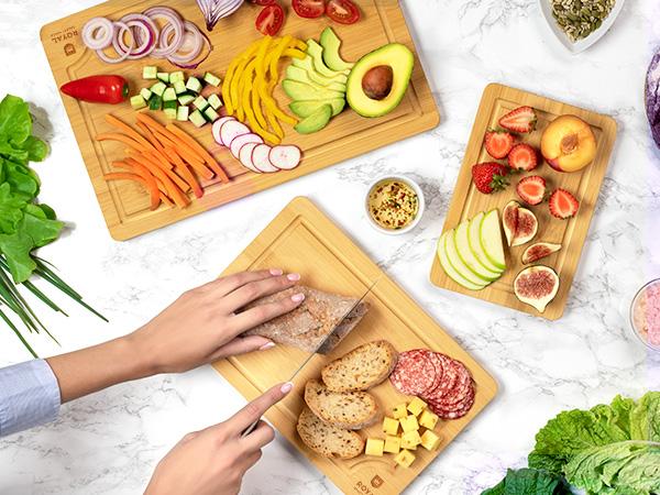 Royal Craft Wood Organic Cutting Board Set of 3 for Kitchen Cooking & Serving Bamboo Wood Cutting Boards Set - Knives Friendly Surface with Side Handles Kitchenware Boards With Juice Groove