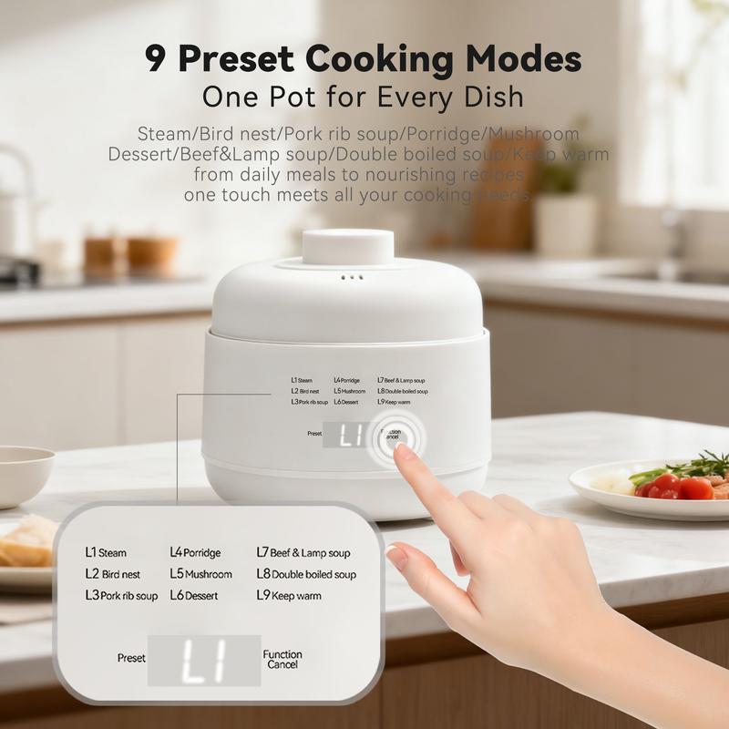 TazTir Electric Stew Pot Small Slow Cooker 1QT Smart Appointment Ceramic Interior Pot Automatic Multifunction Rice Cooker Electric Stew for Home Kitchen Chocolate Fondue Mug Set