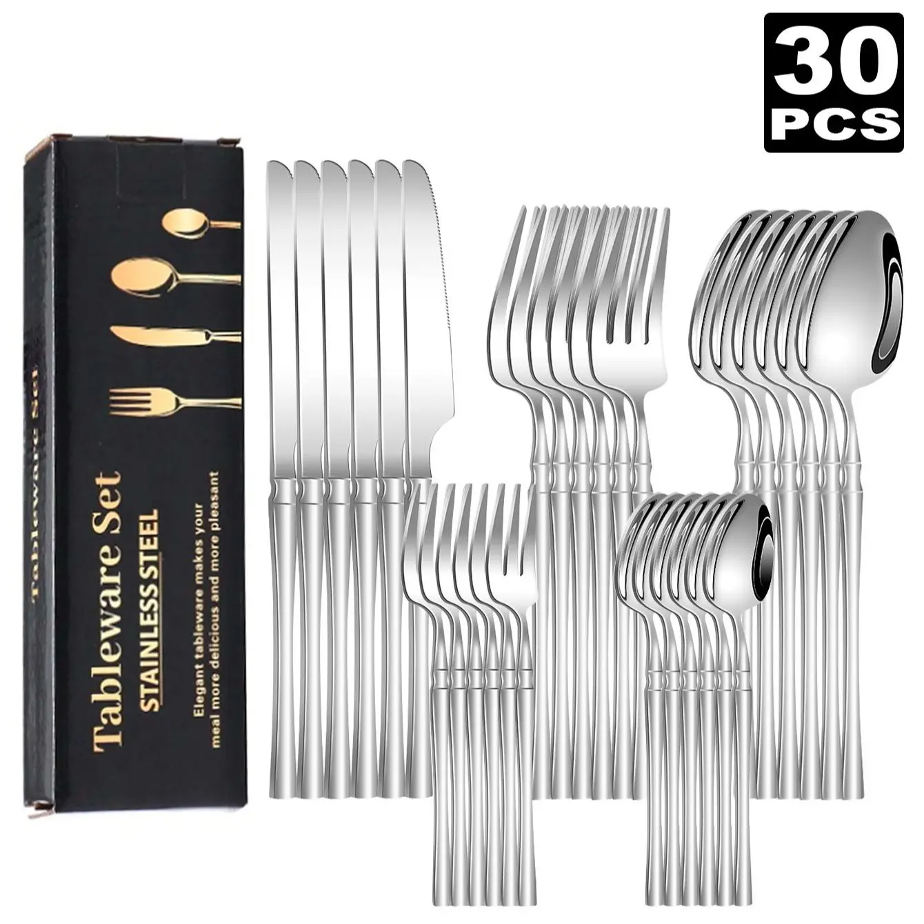 30-Piece Stainless Steel  Set for 6-Mirror-Polished Knives, Forks, Spoons, Teaspoons & Dessert Forks,Durable and Dishwasher-Safe Tableware Kit, ,kitchen，kitchen accessories，kitchen essentials，knives kitchen set，kitchen supplies  silverware gold tiktokshop