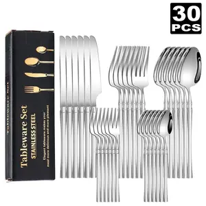 30-Piece Stainless Steel  Set for 6-Mirror-Polished Knives, Forks, Spoons, Teaspoons & Dessert Forks,Durable and Dishwasher-Safe Tableware Kit, ,kitchen，kitchen accessories，kitchen essentials，knives kitchen set，kitchen supplies  silverware gold