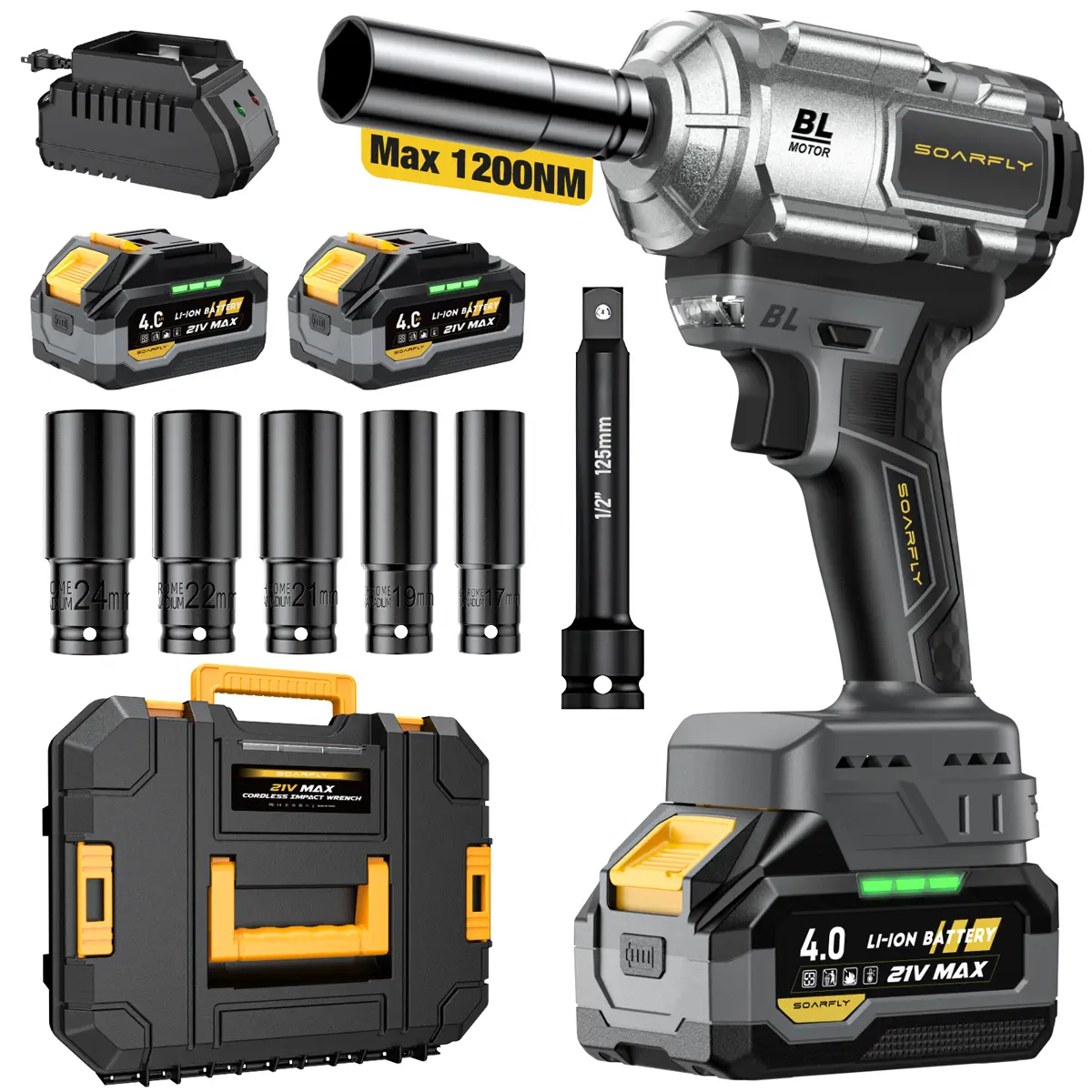 SOARFLY 1200NM Impact Wrench, 2x 4.0Ah Batteries, Fast Charger, 3000RPM, 5 Sockets & 1 Extension Bar, For Car, Trucks Power Tool Rechargeable High Torque