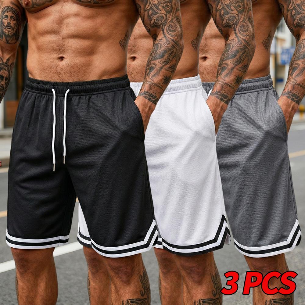 Men’s 3 Pack Summer Sports Shorts – Black/White Mesh, Breathable Quick Dry Basketball Training Shorts, Loose Fit Drawstring, Knee Length Casual Running Fitness Shorts
