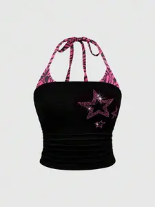 J-Fashion Y2K Rhinestone Star Decor Halter Neck Plus Size Blouse