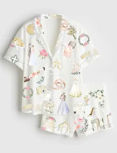 Women’s Wedding Timeline Watercolor Wedding Bride Groom Floral Elements Summer Marriage Print Long Sleeve Satin Pajama Set - Pyjamas - Includes Short Pajamas and Long Pajamas.