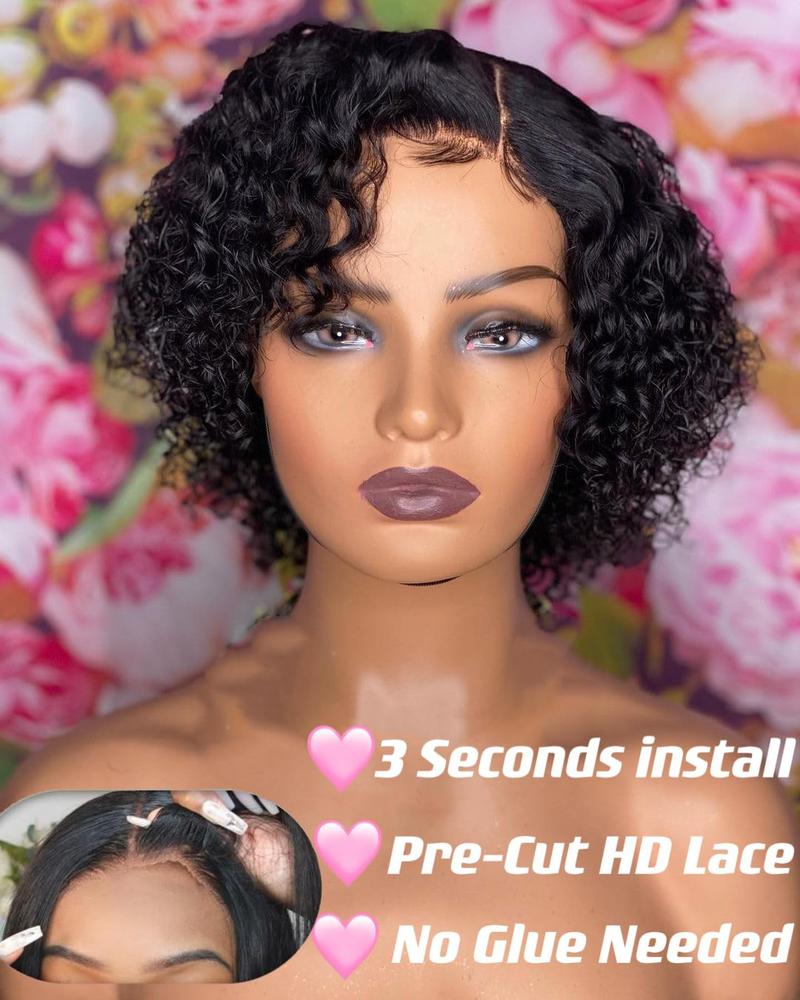 Karlami Curly Pixie Cut Wig Human Hair 4X4 Glueless Wigs HD Lace Short Curly Wigs Wear and Go Glueless Wigs Pre Plucked Pre Cut Short Curly Glueless Wigs Human Hair for Women woman glueless black woman