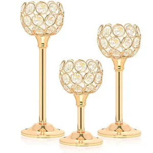 3 Pcs Tall Crystal Votive Candle Holders Elegant Metal Tealight Candlestick, Bling Bowl Candelabras Table Decor Centerpiece Home Decoration