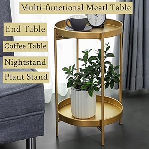 Adeco Side Table 2-Tier Metal Round End Table with Removable Tray