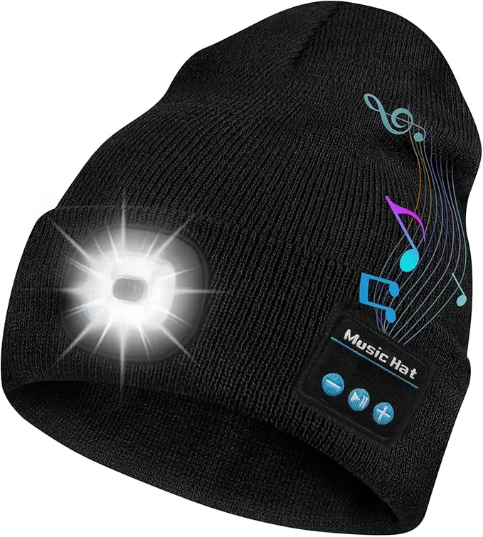 3-in-1 LED Lights Beanie - Unisex Soft Acrylic Solid Knit Hat with Rechargeable LEDs, Bluetooth 5.0 Headphones w/Mic, USB Port, Cozy All Day for Running, Camping, Mom, Boyfriends, Adults, One Size (Compatible with Car Charger, Portable Power Bank)