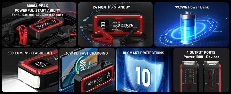 8000a Peak Portable Car Jump Starter with LED Light – Emergency Booster Battery Pack, Power Bank, Wireless Charging, Car Battery Jump Starter Tool​