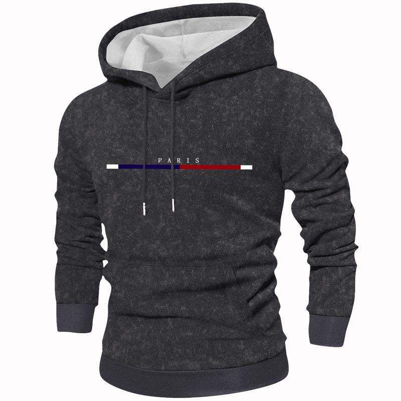 Men's spring and autumn lightweight long-sleeve pocket hoodie with stylish Paris letter print, casual sports streetwear brand, suitable for cool weather during the season, perfect for outdoor activities and fashionable outings.