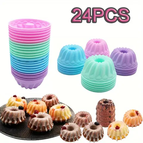 24pcs Silicone Mafen Cup Set, Non-Stick Mini Fluted Cake Cups,Spiral Cake Molds, Heat Resistant Bakeware for Bagel, Muffin, Jelly And Cake Baking tool kit camping gear(12 Small + 12 Large)