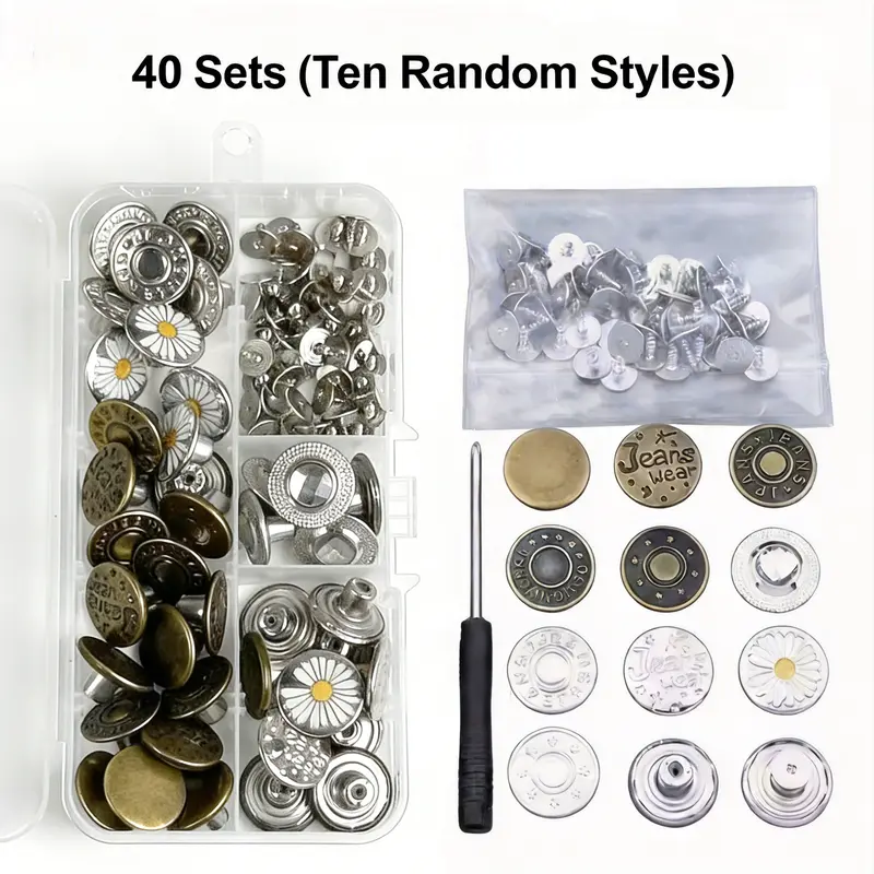 40-Pc 17mm Removable Jean Button Adjuster Repair Set - No-Sew Easy Installation, Boxed Home Supplies Kit with Rivets, Screwdrivers, Metal Snaps, Tacks, Nail-Less Durable Intact Fit for Quick Repairs, 40‑Pc Repair Set